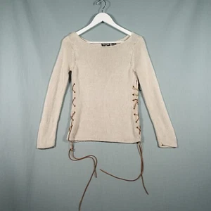 Vintage Polo Jeans Ralph Lauren Sweater Womens Small Beige Knit Lace Tied Sides - Picture 1 of 14