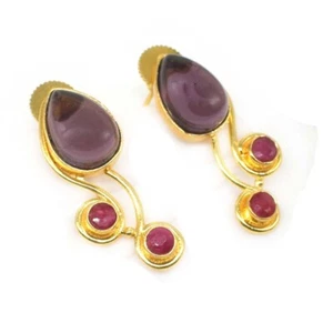 Amethyst Pink Quartz Gemstone Gold Plated Jewelry Gorgeous Earring 1.5" J880 - Picture 1 of 5