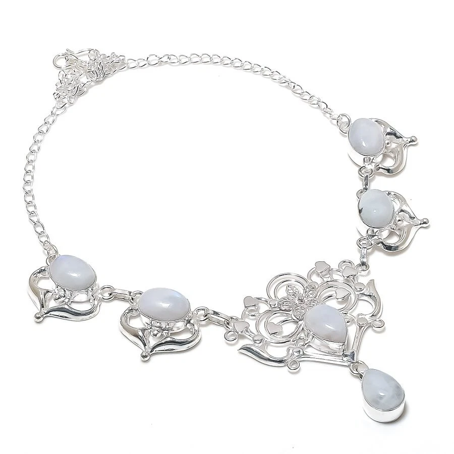 Collar de joyería de plata de ley 925 hecho a mano con piedras preciosas de luna tamaño 18" Foto 1 de 1