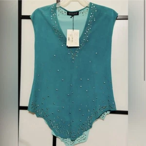 Donald Pliner Suede Leather Top S/M Embellished Tunic V Neck Aqua Turq - Picture 1 of 7