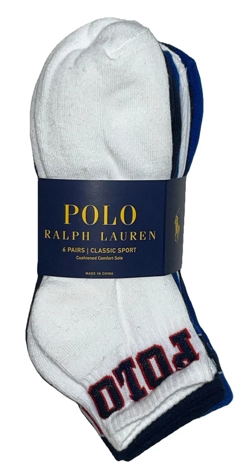 Meias esportivas clássicas masculinas Polo Ralph Lauren corte baixo ou quarto, 6 peças, novas com etiquetas - Imagem 1 de 1