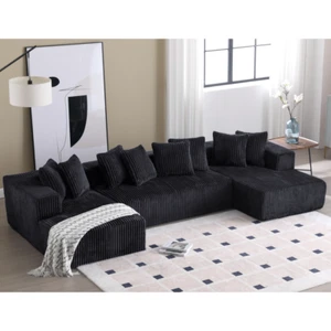 Modular Sectional Couch U-shaped Sofa Striped Fabric Upholstered 4 Seater Couch - Picture 1 of 11
