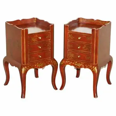 Pair Of Chinese Chinoiserie Red Lacquer Three Drawer Bedside / Side Lamp Tables • 2234.52£