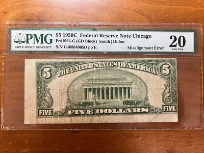 1950 C  $5  Federal Reserve Note Chicago Misalignment Error - Image 1 of 3