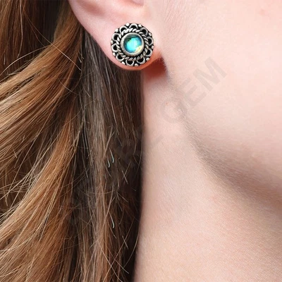 Natural Garnet & Moonstone Silver Stud Earrings – 925 Sterling Handmade DGE1068 - Image 1 of 4