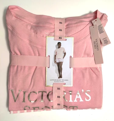 NWT Victoria's Secret Pajama Set Shorts XS Pink Silver Cotton White Fall Winter - Image 1 of 3