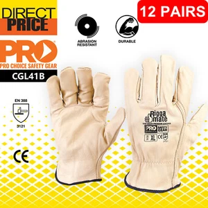 Pro Choice 12 Pairs Leather work Gloves Riggamate Beige Premium Cowgrain,CGL41B - Picture 1 of 4