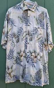 Campia Moda Hawaiian Shirt Size L 100% Rayon Neutral Colors Tan Green Blues - Picture 1 of 5