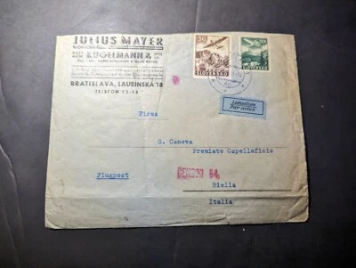 1941 Цензура Словения Авиапочта Обложка Братислава Лауринская в Бьеллу Италия - Изображение 1 из 2