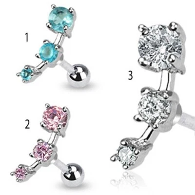 "Pendiente triple circonita cúbica Tragus 16G 1/4"" perno cartílago piercing barra de acero 316L" Foto 1 de 2
