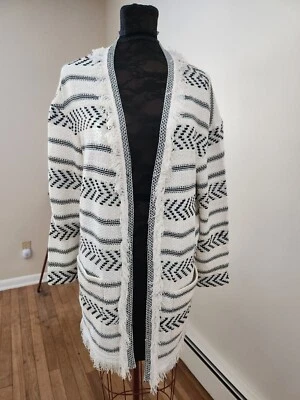 Cárdigan St. John Blanco Negro Rayas Flecos Tejido Plumero Abierto Enganchado Mediano Foto 1 de 4