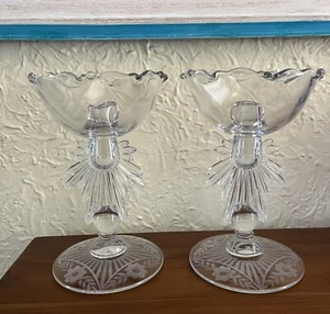 Stunning Glass Candlestick Holders with Large Bobeche Drip Catchers 8 1/2" Tall - Picture 1 of 7