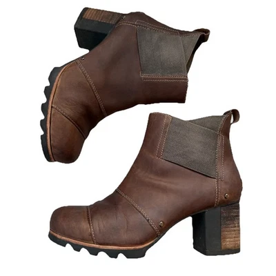 Sorel Addington Chelsea Botines Cuero Marrón Tacón Grueso Pull On Talla 8.5 Foto 1 de 4
