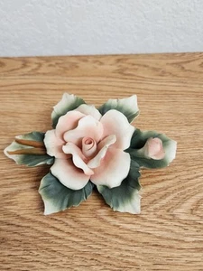 Capodimonte Porcelain Pink Peach Roses With Brown Stem & Leaves Made In Italy - Picture 1 of 11