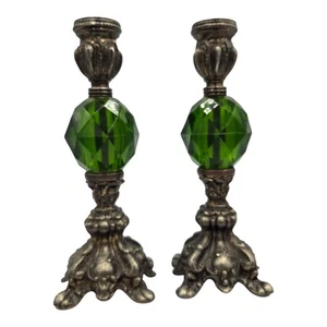 Hollywood Regency Style Emerald Green Candlestick Holders Pair 8" Stunning - Picture 1 of 7
