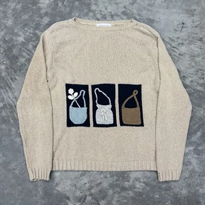 Vintage 90s Talbots Cottage Bag Knit Sweater Tan Color blocks Flowers Small - Picture 1 of 9
