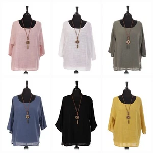 Camicia bizzarra donna italiana lagenlook tunica cotone top donna collo rotondo collana stravagante - Foto 1 di 10