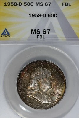 1958-D  .50   ANACS   MS 67 FBL   Franklin Half Dollar, Benjamin Half,Bell Half - Image 1 of 4