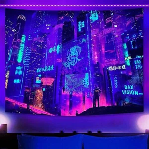 Punk Game Tapestry Fantasy Cityscape Blacklight Tapestries UV Reactive Japane... - Picture 1 of 6