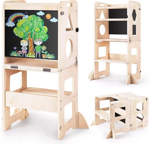 4-in-1 Kleinkind Küche Tritt Hocker Faltbar Lernen Steh Turm mit Tafel - Bild 1 von 12
