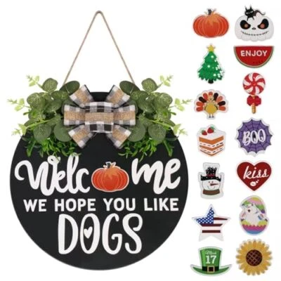 Interchangeable Wooden Seasonal Welcome Sign, Rustic Round Dogs Sign Black - Image 1 of 4