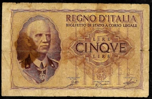 1940 KINGDOM OF ITALY 5 LIRE VINTAGE BANKNOTE KING EMMANUEL III WWII PAPER MONEY - Picture 1 of 2