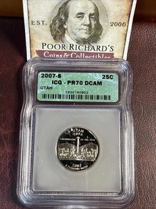 Perfect Coin! 2007S ICG Proof 70 DCAM Utah State Quarter. CQ24 - Picture 1 of 6