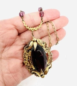Ornate Faceted Purple Amethyst Glass Lavalier Necklace Vintage Jewelry - Picture 1 of 7