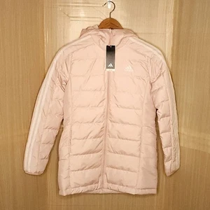 Adidas Essentials Womens New Light Pink Duck Down Long Jacket Small - Picture 1 of 7
