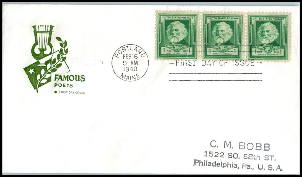 1940 Henry Wadsworth Longfellow poet Sc 864-5 FDC House of Farnam, Hiawatha (4F - Image 1 of 1