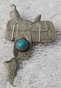 Vintage ethnische südöstliche Ureinwohner Pferd Sattel Brosche Anstecknadel türkis silberfarben  - Bild 1 von 4