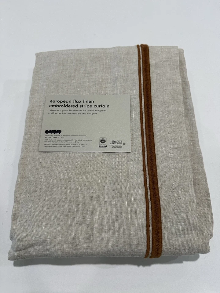 West Elm European Flax Linen Embroidered Stripe Drape  Curtain ONE 48x96 - Image 1 of 1