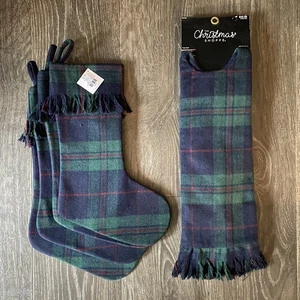 THE CHRISTMAS SHOPPE Tree Skirt & Christmas Stockings Blue Green Tartan Plaid - Picture 1 of 7