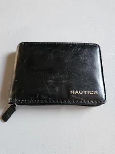 Cartera de cuero genuino negra Nautica con cremallera alrededor doble ventana de identificación y ranuras para tarjetas - Imagen 1 de 5