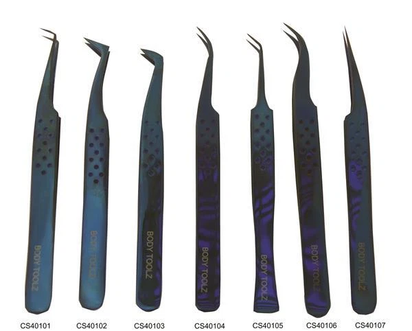 Body Toolz CS40105 Eyelash Extension Curved Fine Tip Tweezer - Blue Titanium - Image 1 of 1