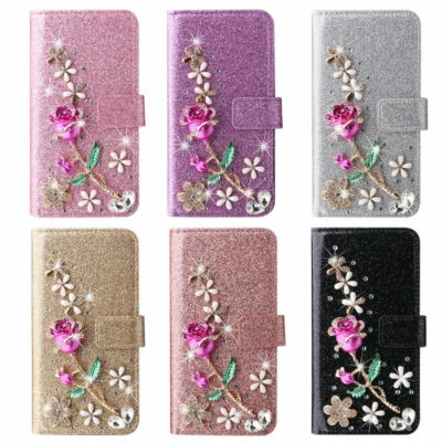 Bling Diamond Rose Wallet Phone Case For iPhone 11 12 13 14 15 Pro Max XR 6 7 8 - Image 1 of 4