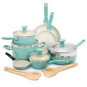 GreenPan Pot and Pan Sets 16 Piece Cookware Ceramic Nonstick Oven Safe Turquoise