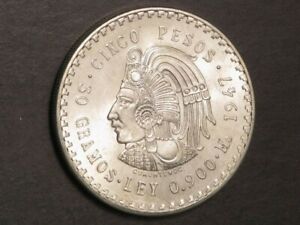 MEXICO 1947Mo 5 Pesos Cuauhtemoc Silver Crown BU