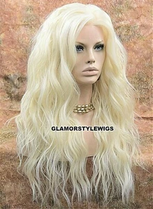 360 FREE PART HUMAN HAIR BLEND LACE FRONT FULL WIG LONG WAVY PLATINUM BLONDE NEW - Picture 1 of 6