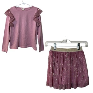 J.Crew Crewcuts Girls Outfit Medium Pink and Gold Ruffled Top Skirt Polka Dot - Picture 1 of 13