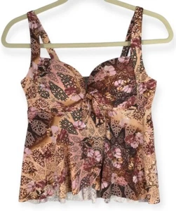 TORRID 1 TOP ONLY Tankini Swim Top Built In Bra Cup D/DD Boho Tan Brown Cottage - Picture 1 of 15