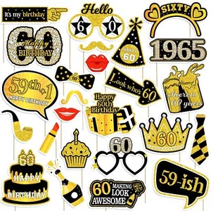 60th Birthday Photo Booth Props Black Gold Sixty Years Party Decor 60PCS - Picture 1 of 8