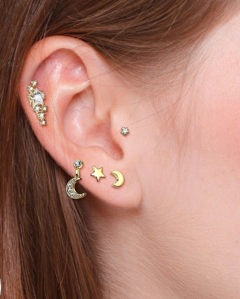 Juego de 5 Pendientes Cartílago Colgantes Oro 16g 6mm 1/4 Estrella Luna Torre Tragus Daith Foto 1 de 3