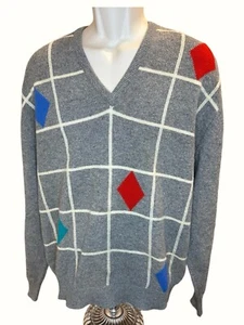 Vintage Pringle Sweater men's Large Gray Diamond Scotland Lambs Wool Pullover - Picture 1 of 4