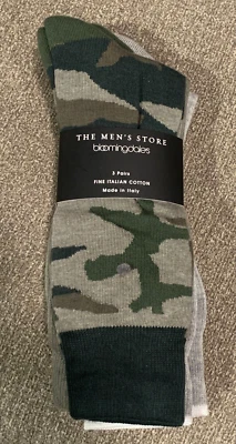 NUEVO Para Hombre Tienda en Bloomingdale's Calcetines Italianos Algodón 3 Pares Camuflados, Verde, Gris Foto 1 de 4