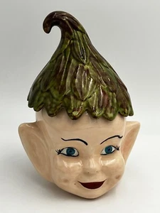 Holiday Elf Pixie Cookie Jar with Green Fig Leaf Lid Vintage - Picture 1 of 9