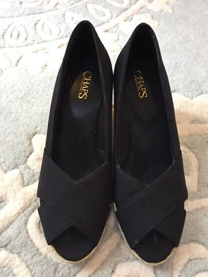 Zapatos de tacón de cuña trenzados de yute de lona negros Chaps by Ralph Lauren Dakota 8,5 Foto 1 de 4