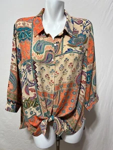 Rose + Olive Women 2X Top Shirt Tunic Cream Orange Tie Knot Front New NWT - Picture 1 of 8