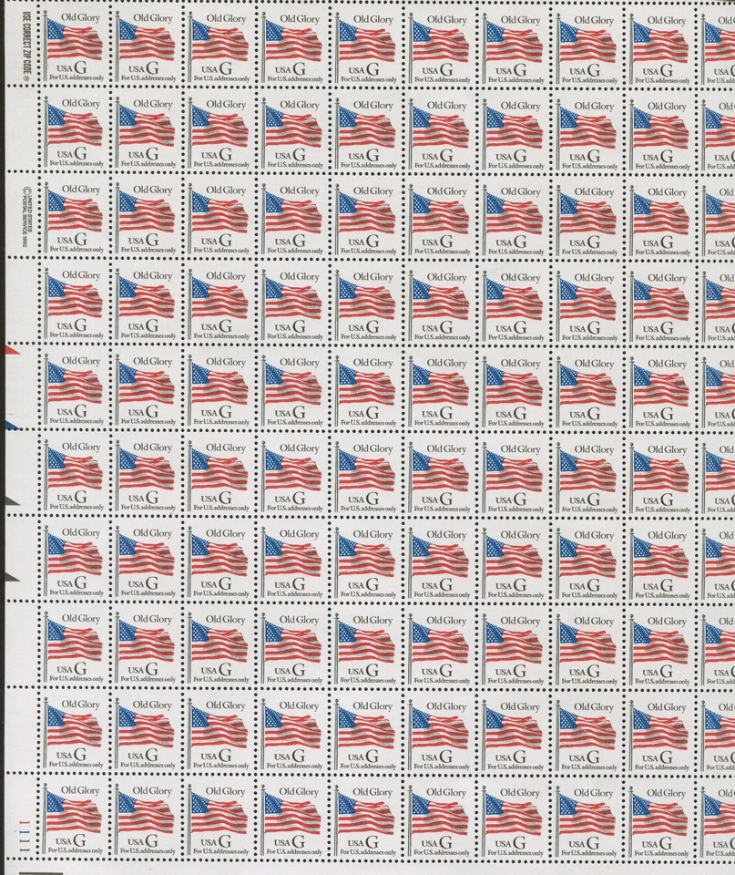 Full Sheet of 100 Old Glory American Flag UAS G US Stamps #2881 CV Price $350 - Image 1 of 1