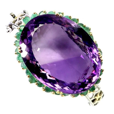 925 Sterling Silver Bangle Oval Amethyst 114ct Emerald Handmade Gemstone 6.9in - Image 1 of 4